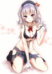  1girl absurdres black_bra blue_eyes bra breasts cleavage gloves hat highres kantai_collection kashima_(kantai_collection) kashiwagi_chisame looking_at_viewer no_panties shirt silver_hair sitting skirt smile solo strap_pull torn_clothes torn_shirt torn_skirt twintails underwear wariza white_gloves 
