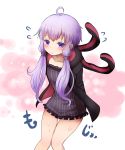  1girl ahoge animal_hood arms_behind_back as_(27273212) black_shirt blush bunny_hood collarbone flying_sweatdrops hair_tubes highres hood hoodie long_hair long_sleeves looking_at_viewer low_twintails open_clothes open_hoodie purple_hair shirt simple_background solo standing striped striped_shirt sweat sweatdrop thigh_gap twintails vertical-striped_shirt vertical_stripes violet_eyes vocaloid voiceroid wavy_mouth white_background yuzuki_yukari 