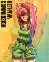  1girl animal_print arms_up backwards_hat bandaid bandaid_on_face bandaid_on_nose baseball_cap belt bethy brown_hair character_name charm_(object) closed_mouth commentary commission cowboy_shot english_commentary english_text eyelashes frog_charm frog_print green_background green_bandaid green_belt green_overalls green_suspenders hair_between_eyes hat highres hood hood_down hoodie indie_virtual_youtuber lips long_sleeves looking_at_viewer nose one_eye_closed outline overalls pink_hat pink_hoodie polka_dot polka_dot_background sidelocks smile solo thirdphp tomboy violet_eyes virtual_youtuber yellow_background yellow_outline zoom_layer 