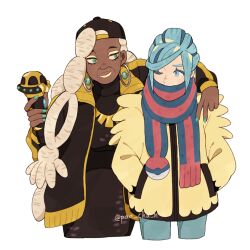  1boy 1girl aqua_eyes aqua_hair arm_around_shoulder black_hat blonde_hair closed_mouth commentary_request dark-skinned_female dark_skin dress earrings eye_contact eyeshadow green_eyes green_nails grusha_(pokemon) hands_in_pockets hat highres holding holding_microphone hoop_earrings jacket jewelry lipstick long_hair long_sleeves looking_at_another makeup microphone nail_polish necklace one_eye_closed open_clothes open_jacket pao_cha_n pokemon pokemon_sv ryme_(pokemon) scarf smile striped_clothes striped_scarf v yellow_eyeshadow yellow_jacket yellow_lips 