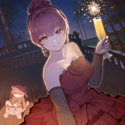  1girl absurdres bare_shoulders breasts collarbone dress fireworks gloves grin hair_bun heterochromia highres holding holding_fireworks hololive houshou_marine large_breasts looking_at_viewer moto_oji-san night night_sky ocean off-shoulder_dress off_shoulder red_dress red_eyes red_hair ship ship_deck sky smile sparkler stuffed_animal stuffed_toy teddy_bear virtual_youtuber watercraft yellow_eyes 