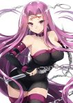  1girl black_dress black_gloves black_legwear breasts chain cleavage dress elbow_gloves facial_mark fate_(series) forehead_mark gloves hair_intakes highres kou_mashiro large_breasts long_hair looking_at_viewer purple_hair rider simple_background smile solo strapless strapless_dress thigh-highs very_long_hair violet_eyes weapon white_background zettai_ryouiki 