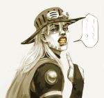  1boy cape clenched_teeth cowboy_hat from_side goggles_on_hat gold_teeth gyro_zeppeli hat jojo_no_kimyou_na_bouken koffo-art long_hair male_focus pointing sepia signature solo spot_color steel_ball_run upper_body 