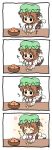  1girl 4koma :3 :t ^_^ animal_ears brown_hair cat_ears cat_tail chen closed_eyes comic commentary eating fang food fruit green_hat hand_on_own_cheek hat highres jewelry long_sleeves mandarin_orange mob_cap multiple_tails nekomata pila-pela short_hair single_earring solo tail touhou two_tails 