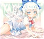  1girl blue_dress blue_eyes blue_hair blush border cirno colored_pencil_(medium) dress hair_ornament hair_ribbon ice ice_wings looking_at_viewer marker_(medium) open_mouth potto_(minntochan) puffy_sleeves ribbon sample short_hair short_sleeves smile solo touhou traditional_media wings 