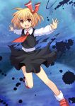  1girl between_breasts blonde_hair cross_(crossryou) dissolving_clothes hair_ribbon long_sleeves looking_at_viewer necktie necktie_between_breasts open_mouth outstretched_arms red_eyes ribbon rumia shirt skirt skirt_set smile solo touhou vest 