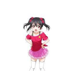  1girl angry badge bare_shoulders black_hair black_tank_top blush bow breasts button_badge collarbone feet_out_of_frame hair_bow hands_on_own_hips layered_skirt looking_at_viewer love_live! love_live!_school_idol_festival love_live!_school_idol_project medium_hair off-shoulder_shirt off_shoulder official_art open_mouth pigeon-toed pink_skirt red_bow red_eyes red_shirt shirt shoes short_sleeves side-tie_shirt single_off_shoulder skirt small_breasts smiley_face socks solo standing tank_top teeth thigh-highs transparent_background twintails upper_teeth_only v-shaped_eyebrows white_socks white_thighhighs yazawa_nico 