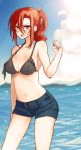  1girl aozaki_touko bikini bikini_top blush breasts kamehima kara_no_kyoukai large_breasts navel ponytail red_eyes redhead shorts solo swimsuit wading water 