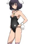  1girl animal_ears bare_shoulders black_hair breasts bunny_girl carrot_necklace choker cleavage hands_on_hips highres inaba_tewi kagemusha looking_at_viewer rabbit_ears red_eyes short_hair simple_background solo touhou white_background 