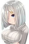  1girl blue_eyes blush breast_hold breasts crossed_arms hair_ornament hair_over_one_eye hairclip hamakaze_(kantai_collection) kantai_collection large_breasts looking_at_viewer short_hair silver_hair simple_background sin_(kami148) solo sweater white_background 