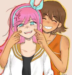  1boy 1girl :d ^_^ anger_vein arms_at_sides aubrey_(faraway)_(omori) aubrey_(omori) bad_id bad_tumblr_id bare_arms bare_shoulders black_shirt blue_eyes blue_hairband bow_hairband brown_background brown_hair brown_sailor_collar closed_eyes collarbone dark-skinned_male dark_skin double-parted_bangs facing_viewer fingernails forced_smile grin hair_behind_ear hair_between_eyes hairband hands_up inactive_account jacket kel_(faraway)_(omori) kel_(omori) long_hair looking_at_viewer omori open_clothes open_jacket open_mouth orange_tank_top outline red_outline sailor_collar shirt short_hair simple_background smile tank_top teeth tongue tumblr_username ud01f upper_body white_jacket yellow_outline 