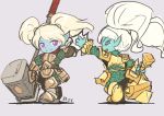 armor blue_skin high_five league_of_legends long_hair multiple_girls pointy_ears poppy tie_baihe twintails weapon white_hair yordle 