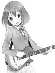  1girl guitar hirasawa_yui instrument k-on! katatsuka_kouji monochrome open_mouth school_uniform short_hair 