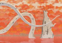  1boy antennae autumn_leaves body_markings colored_skin eleking forest from_behind giant giant_monster kaiju lake leaf maple_leaf monster nature no_humans outdoors partially_submerged perori_(peroringa) reflection scenery solo standing tail tree ultra_series ultraseven_(series) very_long_tail water white_skin 