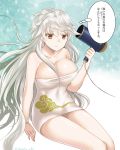  1girl arm_support breasts colored_eyelashes drying_hair eko hair_down impossible_towel kantai_collection large_breasts long_hair looking_at_viewer naked_towel off_shoulder solo towel translation_request unryuu_(kantai_collection) very_long_hair wavy_hair yellow_eyes 
