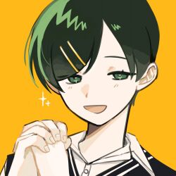 1girl :d black_sweater_vest collared_shirt commentary dress_shirt futsuu_no_keion-bu green_eyes green_hair gwemkka hair_ornament hairpin korean_commentary kouyama_rin open_mouth own_hands_clasped own_hands_together parted_bangs pixie_cut portrait shirt short_hair simple_background smile solo sparkle sweater_vest white_shirt yellow_background