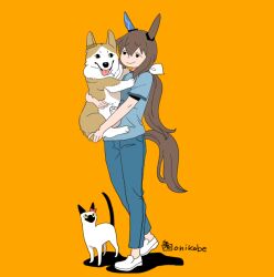  1girl admire_vega_(umamusume) animal animal_ears animalization black_eyes blue_pants blue_shirt brown_hair cat commentary_request curren_chan_(umamusume) dog full_body holding holding_animal holding_dog horse_ears horse_girl horse_tail long_hair narita_top_road_(umamusume) onikobe_rin orange_background pants shirt shoes short_sleeves simple_background solo tail umamusume welsh_corgi white_shoes 