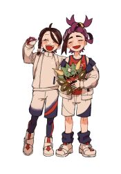  1boy 1girl 2enn3n black_hair blush closed_eyes commentary facing_viewer full_body hair_ornament highres holding holding_mask holding_poke_ball jacket juliana_(pokemon) kieran_(pokemon) leggings long_sleeves mask master_ball mole mole_under_eye multicolored_hair open_clothes open_jacket open_mouth poke_ball pokemon pokemon_sv purple_hair shoes shorts simple_background socks standing tears white_background white_jacket white_shoes white_shorts 
