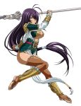  1girl armor black_hair bound bound_wrists brown_legwear grey_eyes hair_over_one_eye highres holding_weapon ikkitousen kan&#039;u_unchou long_hair looking_at_viewer low-tied_long_hair no_panties polearm simple_background solo spear very_long_hair weapon white_background 