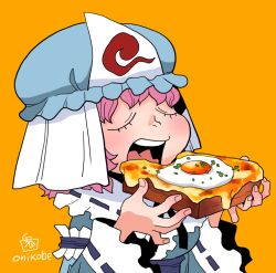  1girl blue_hat blue_kimono bread bread_slice chives closed_eyes commentary_request eating food fried_egg fried_egg_on_toast frilled_kimono frills hat holding holding_food japanese_clothes kimono mob_cap onikobe_rin open_mouth orange_background pink_hair saigyouji_yuyuko short_hair simple_background solo toast touhou triangular_headpiece upper_body 