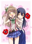  2girls anemone_heart blue_hair blush bow breast_grab brown_hair grabbing grabbing_from_behind hakama japanese_clothes long_hair love_live!_school_idol_project minami_kotori multiple_girls shikei_(jigglypuff) side_ponytail skirt smile sonoda_umi yellow_eyes yuri 