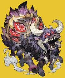  colored_sclera highres horns koroguchi no_humans original red_eyes red_sclera simple_background teeth too_many_eyes traditional_youkai ushi-oni yellow_background 