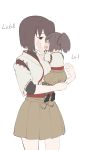  2girls brown_eyes brown_hair carrying chocotto715 commentary_request face-to-face highres hyuuga_(kantai_collection) ise_(kantai_collection) japanese_clothes kantai_collection multiple_girls open_mouth ponytail short_hair sitting_on_arm smile tears wiping_tears younger 