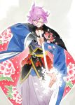  1boy blue_eyes flower hwei japanese_clothes kasen_kanesada katana male_focus petals purple_hair smile sword touken_ranbu weapon 