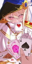 1girl ace_(playing_card) ace_of_hearts ace_of_spades belt belt_buckle black_mask blonde_hair blue_feathers blue_hat blush brown_belt buckle card card_in_mouth diamond_(shape) earrings epaulettes feathers genderswap genderswap_(mtf) glove_belt gloves gold_trim hair_between_eyes hand_rest hat hat_feather heart heart-shaped_pupils highres holding holding_card jewelry joker_(playing_card) maplestory mask mask_on_head mouth_hold multicolored_feathers phantom_(maplestory) pink_eyes playing_card ponytail reaching se_tu_(55559229) shirt simple_background smile spade_(shape) symbol-shaped_pupils teeth three_of_diamonds two_of_clubs two_of_hearts upper_teeth_only white_background white_feathers white_gloves white_shirt 