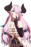  1girl :o arm_behind_back bare_shoulders belt black_gloves blue_eyes braid breasts coat cowboy_shot elbow_gloves finger_to_mouth gloves granblue_fantasy hair_over_one_eye hair_ribbon horns index_finger_raised long_hair looking_at_viewer low-tied_long_hair narumeia_(granblue_fantasy) open_clothes open_coat pink_hair pointy_ears ribbon shushing simple_background single_braid solo touzai_(poppin_phl95) very_long_hair white_background 