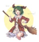  1girl animal_ears blush broom dress full_body green_eyes green_hair jumping kasodani_kyouko long_sleeves looking_at_viewer nekushiro open_mouth short_hair smile solo sweat text touhou 