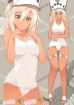  1girl :o blonde_hair blush breasts covered_navel dark_skin guilty_gear guilty_gear_xrd hat long_hair looking_at_viewer ramlethal_valentine sasakura school_swimsuit solo swimsuit thigh_strap white_school_swimsuit white_swimsuit yellow_eyes 