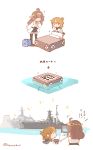 /\/\/\ 2girls ? ahoge black_legwear blush_stickers brown_hair comic commentary_request detached_sleeves double_bun finger_to_mouth folded_ponytail hairband hanomido highres inazuma_(kantai_collection) japan_maritime_self-defense_force jerry_can kantai_collection kongou_(battleship) kongou_(jmsdf) kongou_(kantai_collection) long_hair multiple_girls nontraditional_miko school_uniform serafuku ship smile thigh-highs translated twitter_username warship |_| 