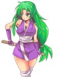  1girl breasts cleavage fishnets ganbare_goemon gloves green_eyes green_hair japanese_clothes kimono large_breasts long_hair ninja sakuramau sheath sheathed short_kimono simple_background sleeveless solo sword thigh-highs very_long_hair weapon white_background yae_(ganbare_goemon) 