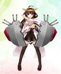  1girl ahoge armor_girls_project black_legwear brown_hair cannon grey_eyes headgear ichimi kantai_collection kongou_(kantai_collection) long_sleeves looking_at_viewer mecha_musume pose ribbon-trimmed_sleeves ribbon_trim sash shirt skirt smile solo thigh-highs wide_sleeves zettai_ryouiki 