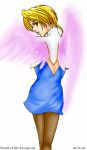  1girl angel_wings artist_request ass blonde_hair blush breath_of_fire breath_of_fire_iv dress hairband lowres nina_(breath_of_fire_iv) pantyhose short_hair solo white_background white_wings wings 