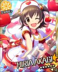  1girl akagi_miria black_hair brown_eyes card_(medium) hat idolmaster idolmaster_cinderella_girls large_syringe nurse nurse_cap open_mouth oversized_object pill ribbon short_hair smile solo stethoscope syringe thigh-highs wings 