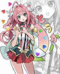  1girl :d ahoge bare_shoulders blush_stickers breasts cowboy_shot detached_sleeves four-finger_heart_hands green_eyes heart heart_hands karewudon large_breasts long_hair long_sleeves looking_at_viewer mihuashi_username miniskirt open_mouth original pink_hair pleated_skirt red_skirt shirt simple_background skirt sleeveless sleeveless_shirt smile solo two_side_up white_background white_shirt white_sleeves 
