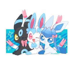  absurdres alternate_color blue_hair bow commentary fang glaceon happy highres maaari_pkmn no_humans one_eye_closed pink_eyes pokemon pokemon_(creature) shiny_pokemon signature smile sylveon symbol-only_commentary umbreon 