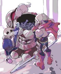  2boys absurdres armor black_sclera blue_jacket bone boots breastplate breath brothers cape colored_sclera dog drawstring footprints full_body gloves greater_dog hand_in_pocket highres holding holding_bone holding_polearm holding_weapon jacket male_focus multiple_boys open_mouth papyrus_(undertale) pink_slippers polearm red_boots red_cape red_gloves sans_(undertale) siblings skeleton slippers smile spear standing udohepu undertale weapon 
