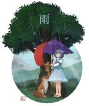  1girl animal blue_eyes blue_hair cat commentary_request deer fox full_body geta heterochromia karakasa_obake kitano_(kitanosnowwhite) long_sleeves nature puffy_sleeves rain rainbow red_eyes shirt short_hair skirt smile solo squirrel tatara_kogasa text touhou tree turtleneck umbrella vest watermark 