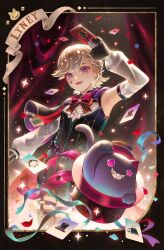  1boy black_corset black_gloves black_hat black_shorts cape capelet card confetti corset cowboy_shot cross-laced_clothes curtains detached_sleeves facial_mark garter_straps genshin_impact gloves grey_thighhighs hand_up hat holding holding_card long_sleeves looking_at_viewer lyney_(genshin_impact) male_focus necktie open_mouth pink_hair purple_capelet red_necktie shirt short_hair shorts solo swept_bangs tattoo teardrop_facial_mark teardrop_tattoo thigh-highs top_hat two-sided_cape two-sided_fabric two-sided_gloves violet_eyes white_shirt white_sleeves yuelycia 