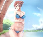  1girl artist_name bangs bare_arms bare_shoulders beads bikini black-framed_eyewear blue_bikini blue_sky bow bow_bikini breasts brown_eyes brown_hair cleavage closed_mouth clouds cloudy_sky collarbone cowboy_shot glasses grass groin hair_bun hair_ornament hair_stick highres holding_elbow kiritsu_kibwe lake large_breasts looking_at_viewer mei_(overwatch) midriff navel overwatch side-tie_bikini sky snowflake_hair_ornament solo stomach swept_bangs swimsuit tree water 