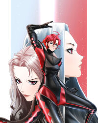  3girls absurdres bodysuit boots gloves highres leather leather_boots leather_gloves leather_suit multiple_girls nagaomono original red_hair superhero_costume tail thigh-highs thigh_boots 