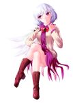  0-den 1girl absurdres bow bowtie crossed_legs dress full_body highres jacket kishin_sagume long_sleeves open_clothes purple_dress red_eyes shirt short_hair silver_hair single_wing smile solo touhou wings 
