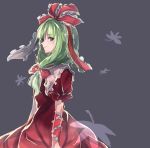  1girl arm_ribbon blue_background bow dress green_eyes green_hair hair_bow hair_ornament hair_ribbon kagiyama_hina long_hair nekushiro profile puffy_sleeves red_dress ribbon short_sleeves smile solo touhou 