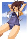  1girl airplane armpits arms_up blue_sky brown_eyes brown_hair clouds i-401_(kantai_collection) kantai_collection open_mouth ponytail school_swimsuit school_uniform serafuku shirt sky smile solo swimsuit taishi_(moriverine) 