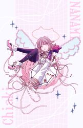  1girl :o animal_bag black_thighhighs cat_bag character_name danganronpa_(series) danganronpa_2:_goodbye_despair dress frills halo highres juliet_sleeves kureiji_takemoto long_sleeves medium_hair nanami_chiaki pink_bag pink_eyes pink_hair pink_shoes puffy_sleeves ribbon shoes solo spaceship_hair_ornament sparkle thigh-highs white_dress white_ribbon wings 