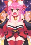  1girl animal_ears bell bell_collar blush breasts caster_(fate/extra) cleavage collar fangs fate/grand_order fate/stay_night fate_(series) fox_ears hair_ribbon large_breasts long_hair looking_at_viewer open_mouth pink_hair red_legwear ribbon solo star starry_background tamamo_cat_(fate/grand_order) thigh-highs yellow_eyes 