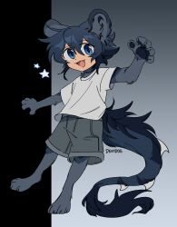  1boy absurdres animal_ears animal_feet animal_hands blue_eyes blue_hair deviidog0 english_commentary fangs full_body fur-tipped_tail grey_background highres looking_at_viewer male_focus monster_boy original shirt short_hair shorts solo standing standing_on_one_leg tail 